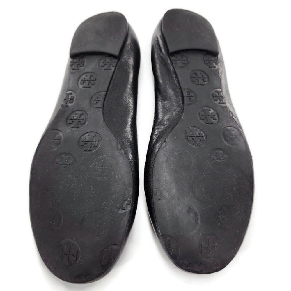 Tory Burch Reva Black Leather Silver-Tone Double-T Medallion Classic Ballet Flat - Picture 8 of 11